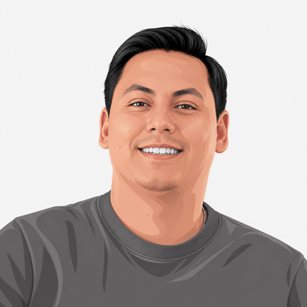 Porträt eines lächelnden Mannes mit dunklen, kurz gekämmten Haaren und grauem T-Shirt, in sauberem Vektorillustrationsstil mit weichen Schattierungen und neutralem Hintergrund.