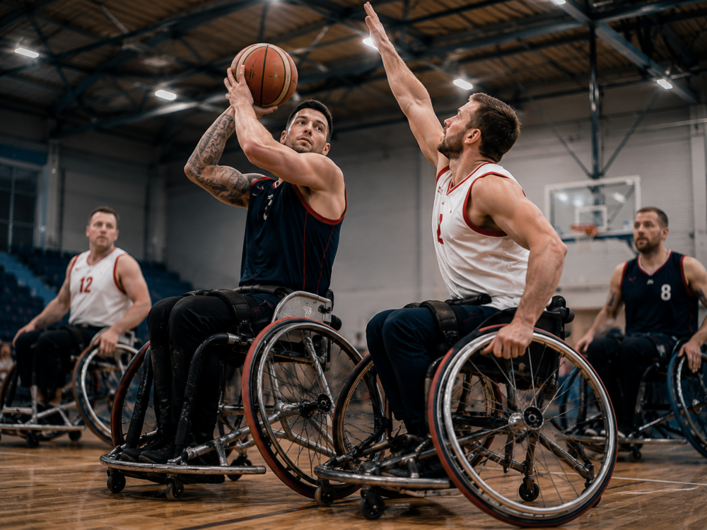 Rollstuhlbasketball-Spieler wirft den Ball zum Korb, während ein Gegenspieler im Sportrollstuhl verteidigt.