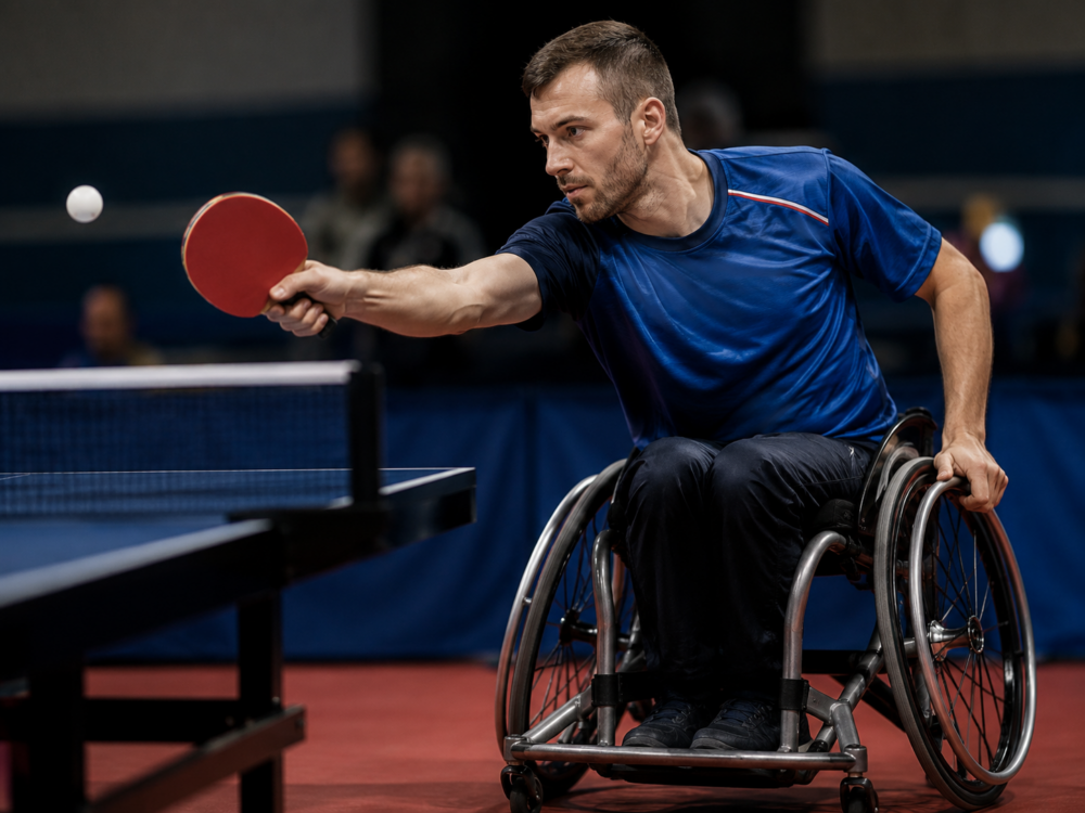Rollstuhlsportler spielt Para Tischtennis und schlägt den Ball konzentriert über die Tischtennisplatte.