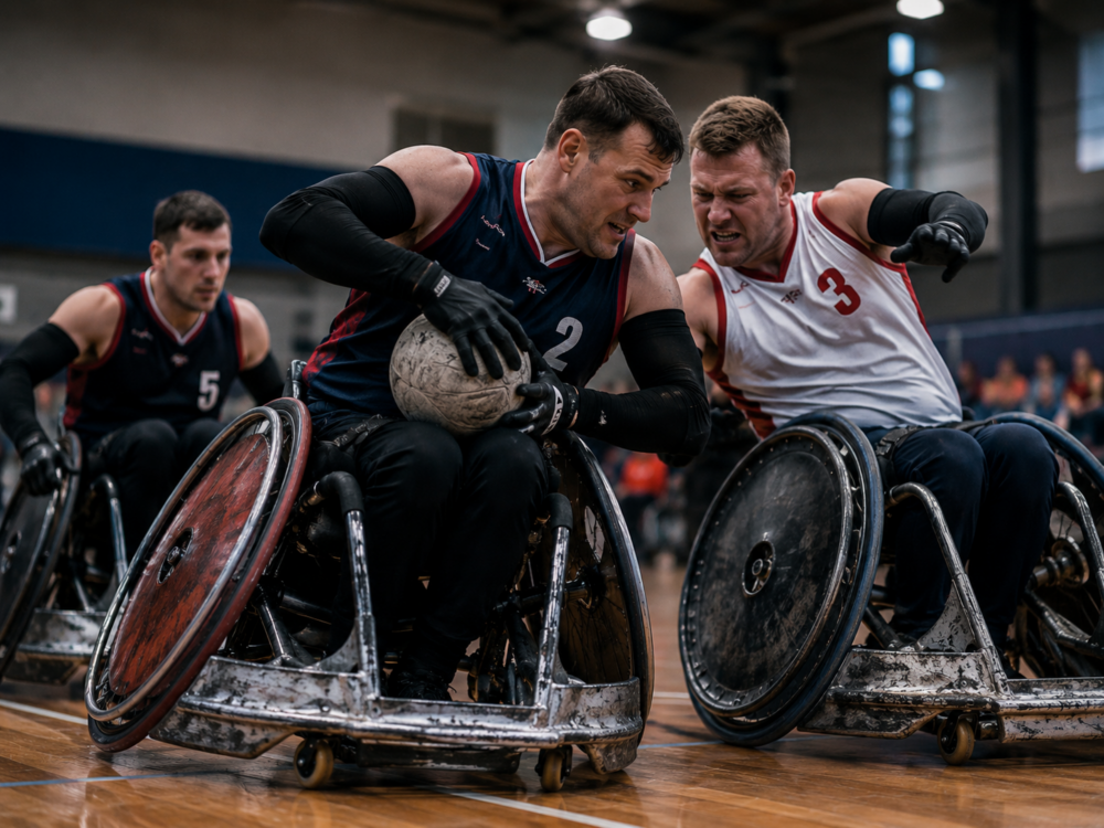 Rollstuhlrugby-Spieler kämpfen in Sportrollstühlen um den Ball während eines intensiven Spiels in der Halle.