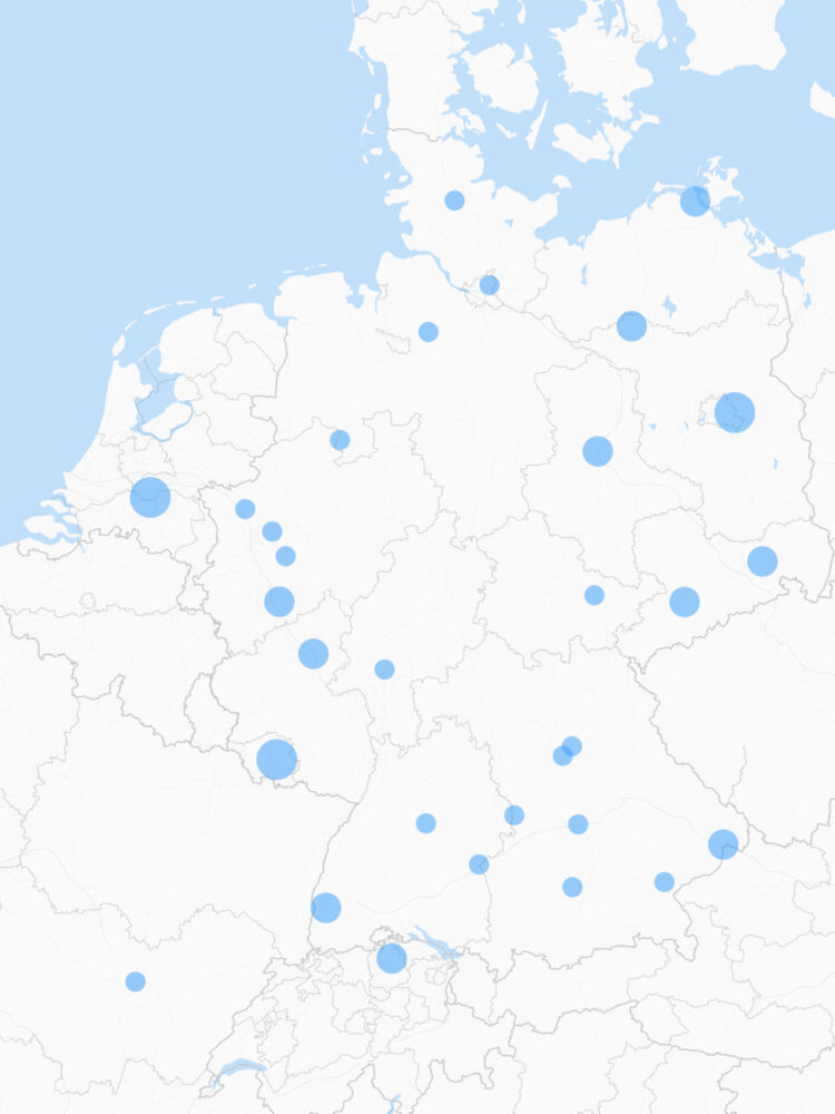 Europakarte mit markierten Standorten von Scewo-Partnern in mehreren Ländern