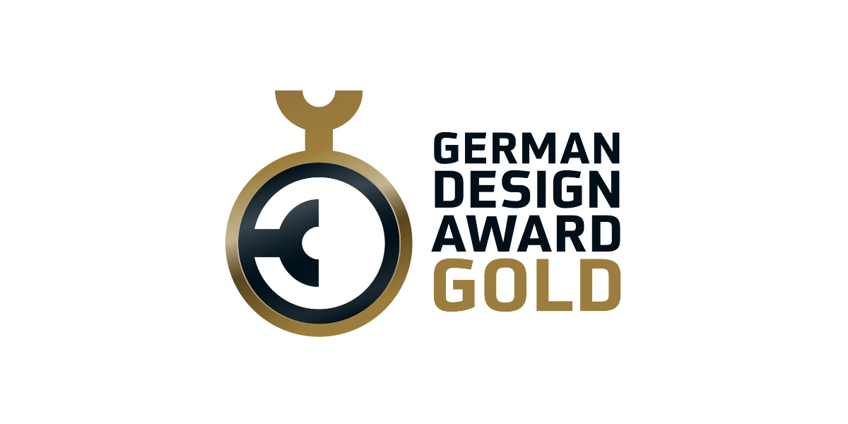 Logo des German Design Award in Gold mit goldenem Medaillen-Emblem