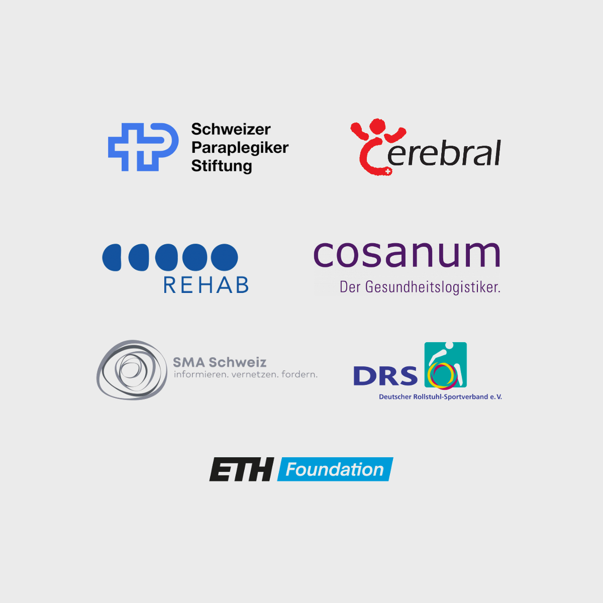Logos der Partner: Schweizer Paraplegiker-Stiftung, Cerebral, REHAB, cosanum, SMA Schweiz, DRS und ETH Foundation