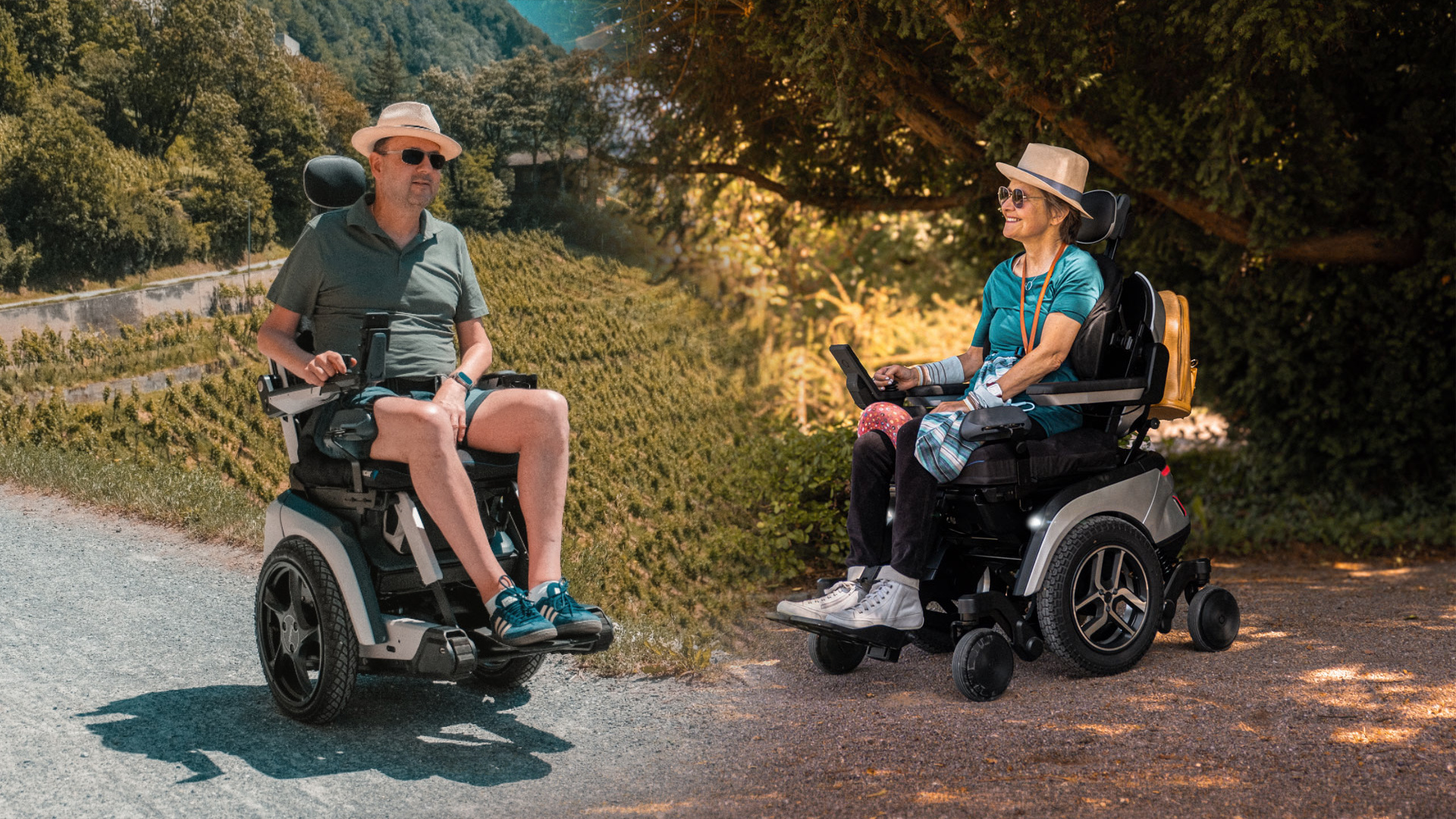 Mann im Scewo BRO und Frau im Scewo GO unterhalten sich in der Natur.
